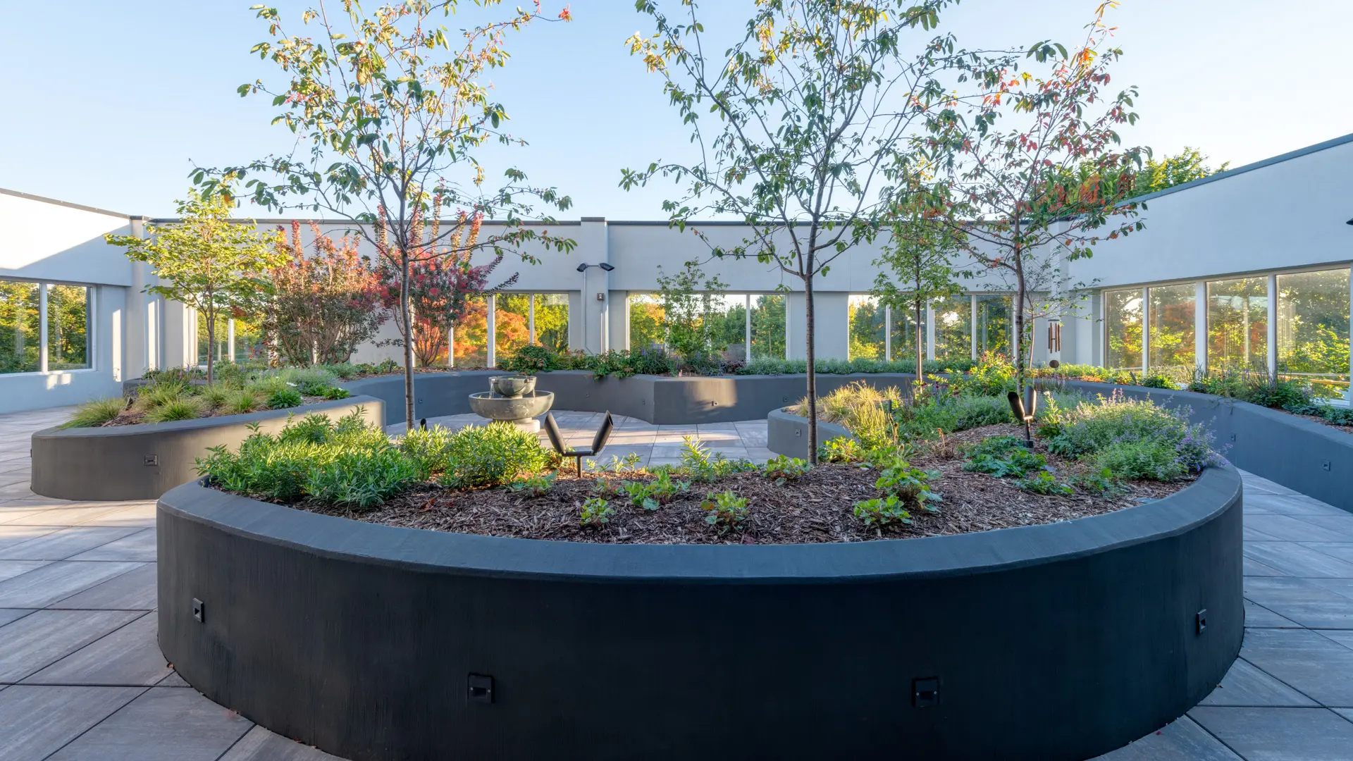Rooftop sensory garden at American House Oak Park, a luxury memory care facility in Oak Park, Illinois